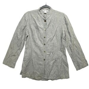 Real Clothes Saks Fifth Avenue Shirt Womens M Gray Linen Blend Mandarin Leaf